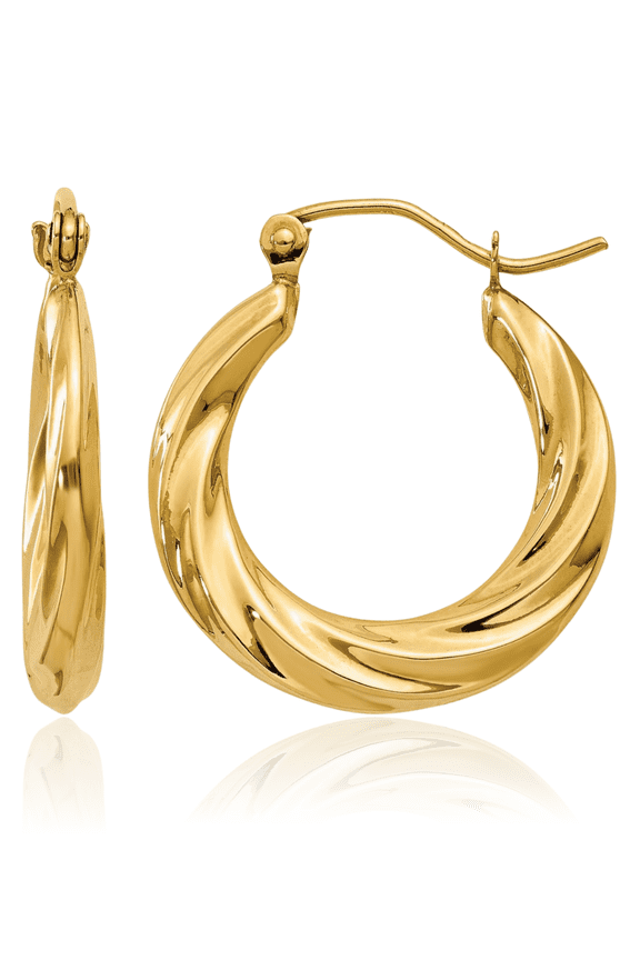 14K Solid Yellow Gold Small Twisted Round Hoop Earrings - 13mm 1/2 inch - Snap Back Women's