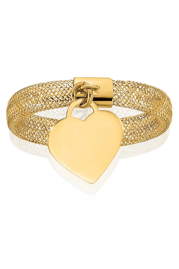 14K Solid Yellow Gold Woven Mesh Stretch Heart Charm Crisscross Band Twisted Statement Ring
