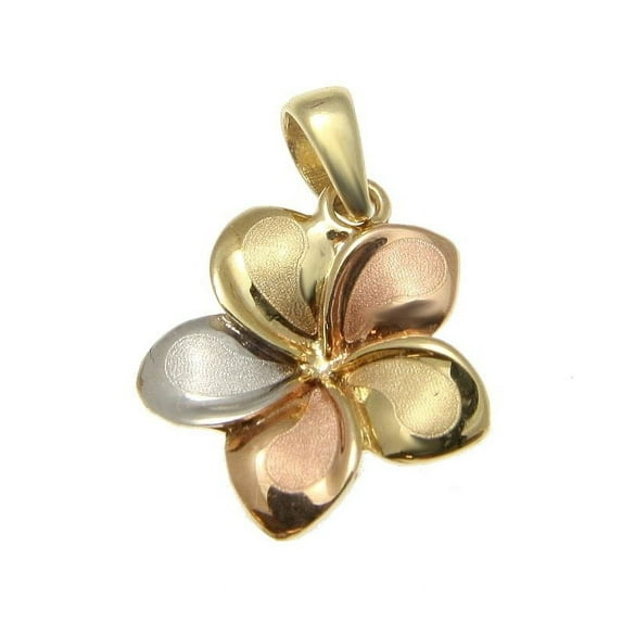 14K Solid tricolor gold 13mm Hawaiian plumeria flower pendant charm