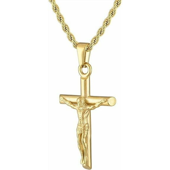 14K Stainless Steel Gold Plated Rope Chain Cross Pendant Necklace 4MM Cross Necklace Clasp for MEN, HUSBAND Thin for Charms Miami Cuban Link Diamond Cut Religious Crucifix
