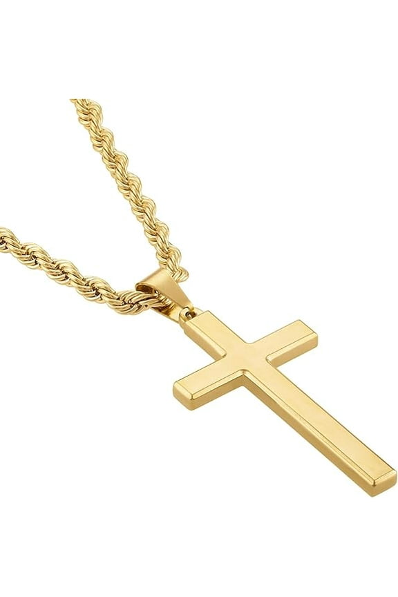 14K Stainless Steel Gold Plated Rope Chain Cross Pendant Necklace 4MM Cross Necklace Clasp for MEN, WOMEN Thin for Charms Miami Cuban Link Diamond Cut Religious Crucifix