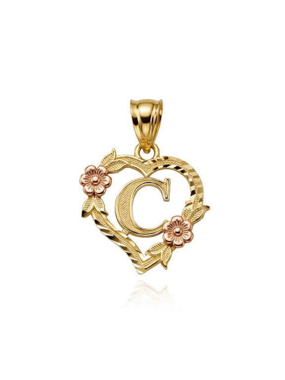 14K TWO-TONED (Yellow and Rose) Gold Letter Initial Flower Heart Pendant C (PENDANT ONLY)