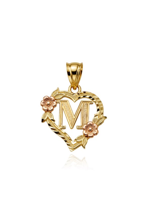 14K TWO-TONED (Yellow and Rose) Gold Letter "A-Z" Initial Flower Heart Monogram Initial M (PENDANT ONLY)