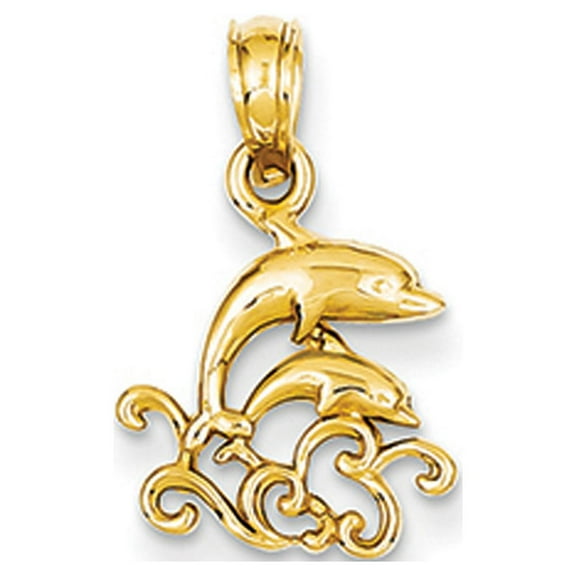 14K Yellow Gold Textured Polished Finish Mini Double Dolphins and Waves Design Charm Pendant