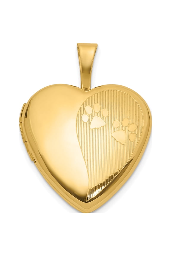 14K Yellow Gold Textured and Polished Paw Prints 16mm Heart Locket