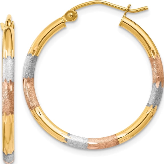 14K Tri-Color 2mm Diamond-Cut Earrings (22 X 2) Made In Indonesia tc775