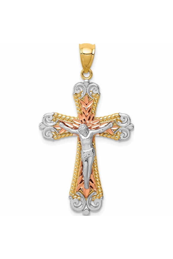 14K Tri-Color D/C With White Rhodium Crucifix Pendant Made In United States -Jewelry By Sweet Pea