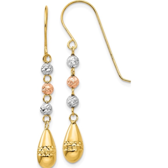 14K Tri-Color Diamond-Cut Teardrop Beaded Puff Dangle Earrings (39 X 5) Made In Indonesia tl537