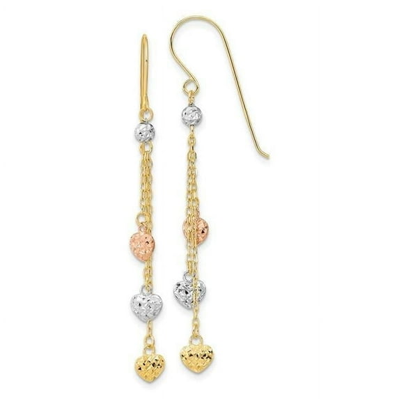 14K Tri-Color Diamond-Cut Triple Heart Dangle Shepherd Hook Earrings