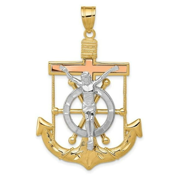14K Tri-Color Diamond-Cut with Textured Mariners Cross Pendant
