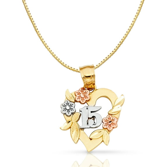 14K Tri Color Gold 15 Years Quinceanera Years Heart Charm Pendant with 0.8mm Box Chain Necklace - 20"
