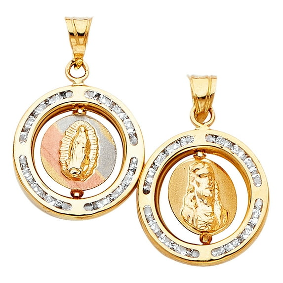 14K Tri-Color Gold 2 Side Religious Charm Pendant, Virgin Mary and Jesus Channel Set CZ Boarder (15mm x 15mm)