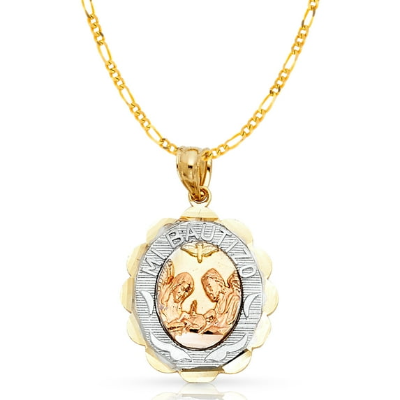 14K Tri Color Gold Baptism Charm Pendant with 2.3mm Figaro 3+1 Chain Necklace - 16"