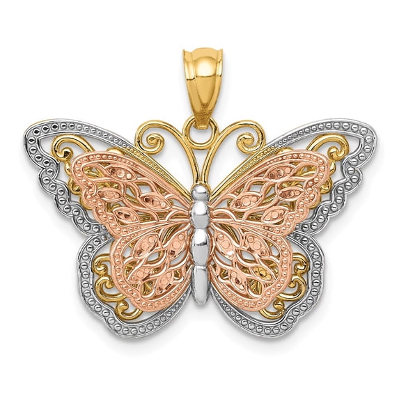 14K Tri-Color Gold Charm Pendant Y R With Rhodium Polished Cut-Out 2-Level Butterfly