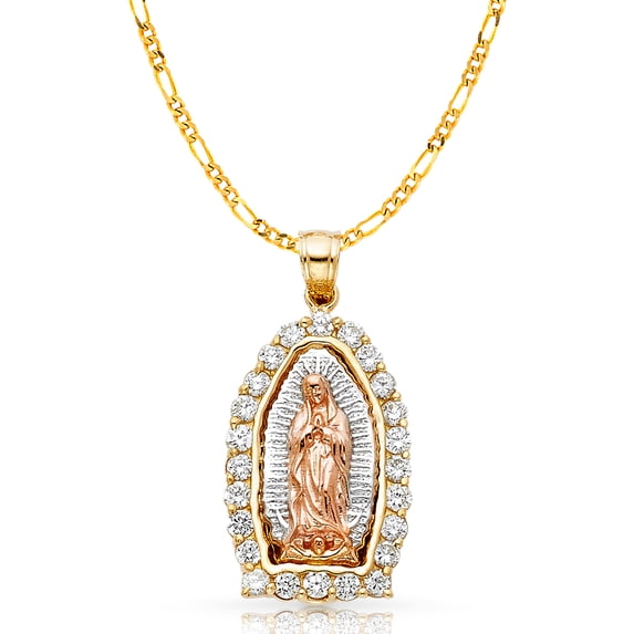 14K Tri Color Gold Cubic Zirconia CZ Our Lady of Guadalupe Charm Pendant with 3.1mm Figaro 3+1 Chain Necklace - 20"