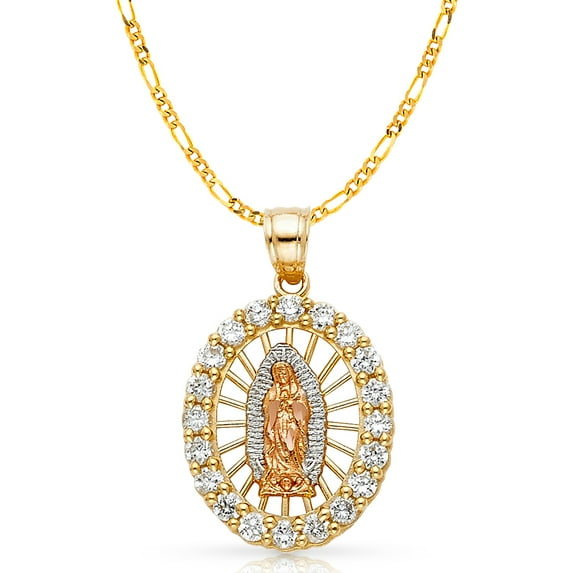 14K Tri Color Gold Cubic Zirconia CZ Our Lady of Guadalupe Charm Pendant with 3.1mm Figaro 3+1 Chain Necklace - 22"