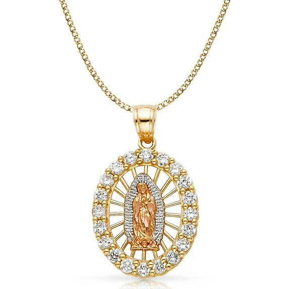 14K Tri Color Gold Cubic Zirconia CZ Our Lady of Guadalupe Charm Pendant with 3.4mm Hollow Cuban Chain Necklace - 22"