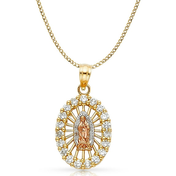 14K Tri Color Gold Cubic Zirconia CZ Our Lady of Guadalupe Charm Pendant with 3.5mm Hollow Cuban Chain Necklace - 22"