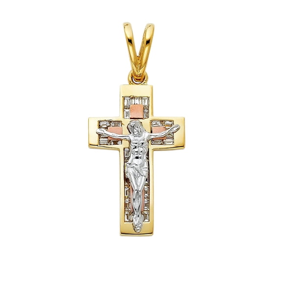 14K Tri Color Gold Cubic Zirconia Religious Crucifix Charm Pendant for Necklace Chain | Jewelry Gift for Men Women | 37 x 24 MM | 8.9 grams