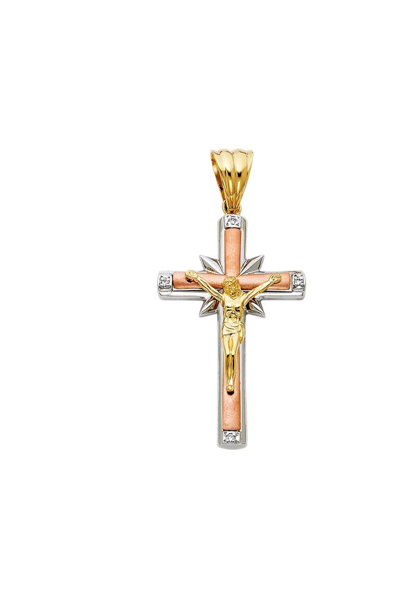 14K Tri Color Gold Cubic Zirconia Religious Crucifix Charm Pendant for Necklace Chain | Jewelry Gift for Men Women | 42 x 26 MM | 6.0 grams