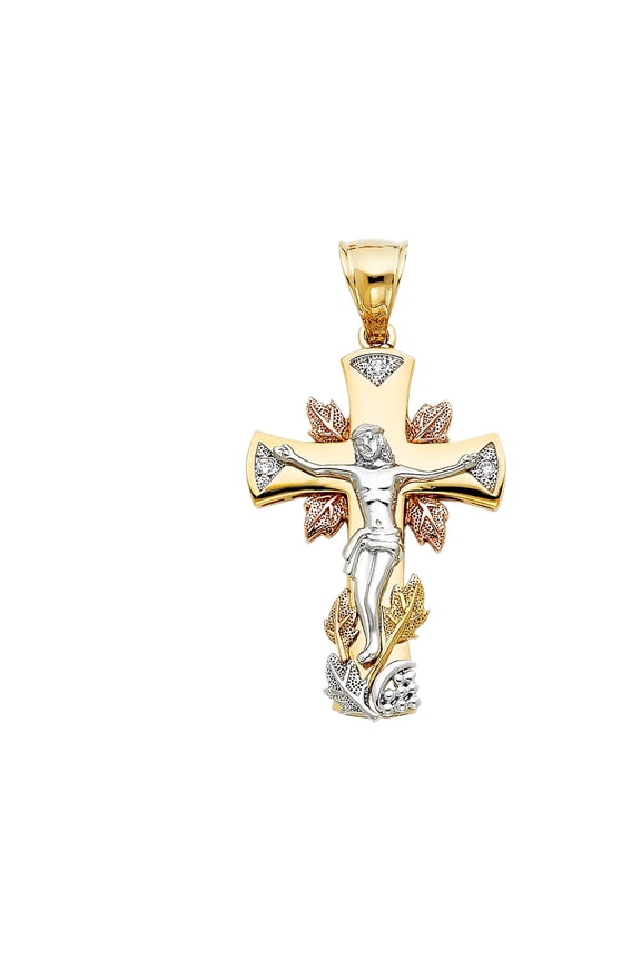 14K Tri Color Gold Cubic Zirconia Religious Crucifix Charm Pendant for Necklace Chain | Jewelry Gift for Men Women | 45 x 31 MM | 11.8 grams