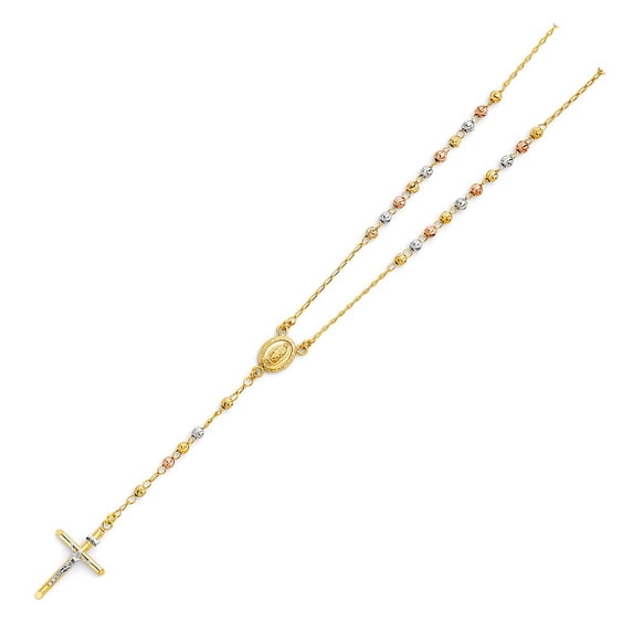 14K Tri Color Gold DC Links 4mm Ball Lady of Guadalupe Rosary Necklace 26"