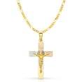 thumbnail image 1 of 14K Tri Color Gold Diamond Cut Crucifix Jesus Cross Stamp Charm Pendant with 2.3mm Figaro 3+1 Chain Necklace - 20", 1 of 6