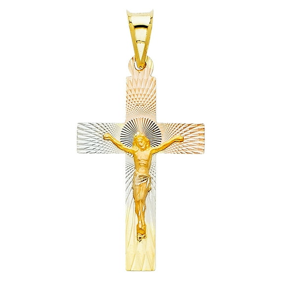 14K Tri Color Gold Diamond Cut Crucifix Jesus Cross Stamp Religious Charm Pendant For Necklace or Chain