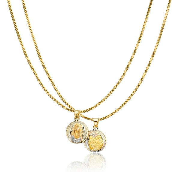 14K Tri Color Gold Diamond Cut Double Side Stamp Virgin Mary Baptism Charm Pendant with 0.9mm Wheat Chain Necklace - 24"