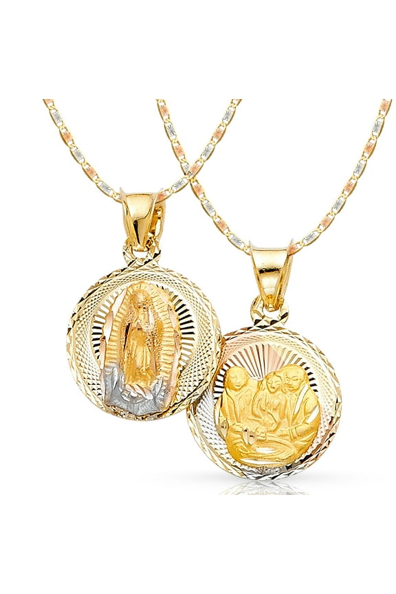 14K Tri Color Gold Diamond Cut Double Side Stamp Virgin Mary Baptism Charm Pendant with 1.5mm Valentino Chain Necklace - 16"