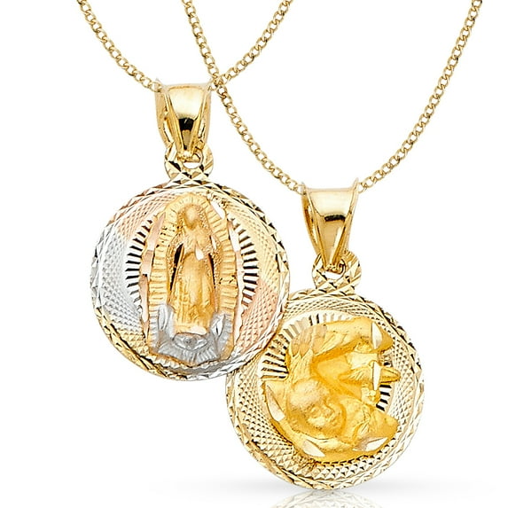 14K Tri Color Gold Diamond Cut Double Side Stamp Virgin Mary Baptism Charm Pendant with 2mm Hollow Cuban Bevel Chain Necklace - 18"