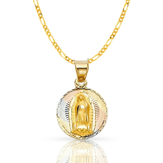14K Tri Color Gold Diamond Cut Our Lady of Guadalupe Stamp Charm Pendant with 1.2mm Figaro 3+1 Chain Necklace