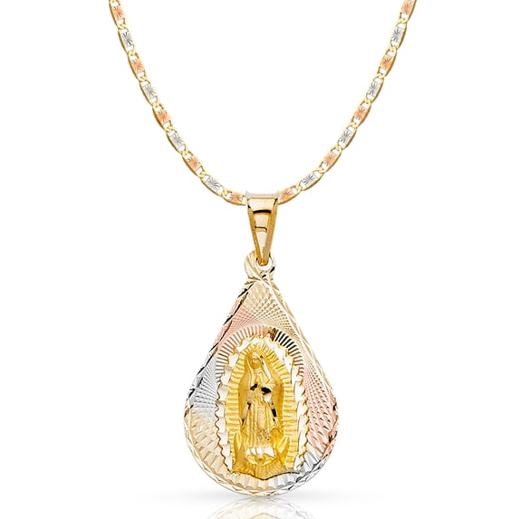 14K Tri Color Gold Diamond Cut Our Lady of Guadalupe Stamp Charm Pendant with 2.6mm Valentino Star Diamond Cut Chain Necklace - 18"
