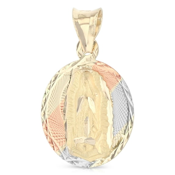 14K Tri Color Gold Diamond Cut Our Lady of Guadalupe Stamp Religious Charm Pendant For Necklace or Chain