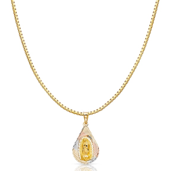 14K Tri Color Gold Diamond Cut Our Lady of Guadalupe Stamp Religious Charm Pendant with 1mm Box Chain Necklace - 20"