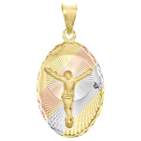 14K Tri-Color Gold Diamond Cut Textured Jesus Crucifix Oval Pendant 1.35" Charm