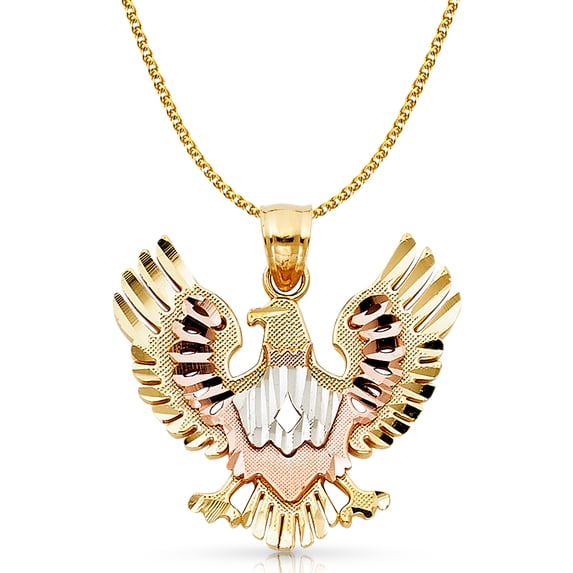 14K Tri Color Gold Eagle Charm Pendant with 1.7mm Flat Open Wheat Chain Necklace - 16"