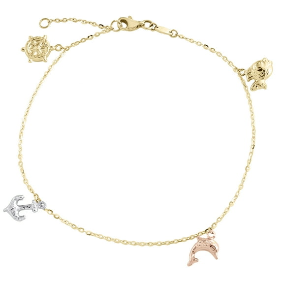 14K Tri-Color Gold Fancy Link Chain Statement 12mm Multi Charm Anklet 9"+ 1" Ext