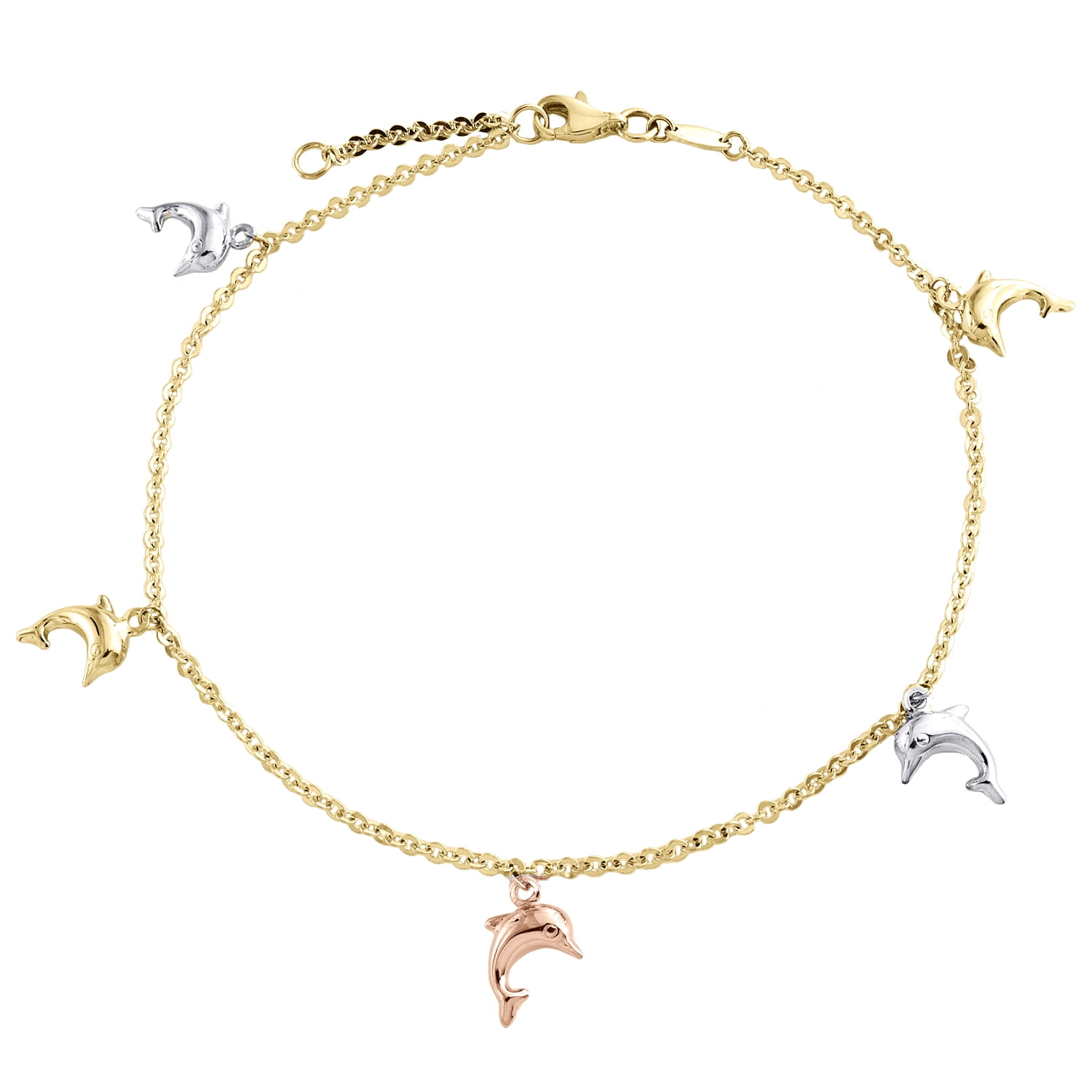 14K Tri-Color Gold Fancy Rolo Link Chain 13mm Dolphins Charm Anklet 9" + 1" Ext.