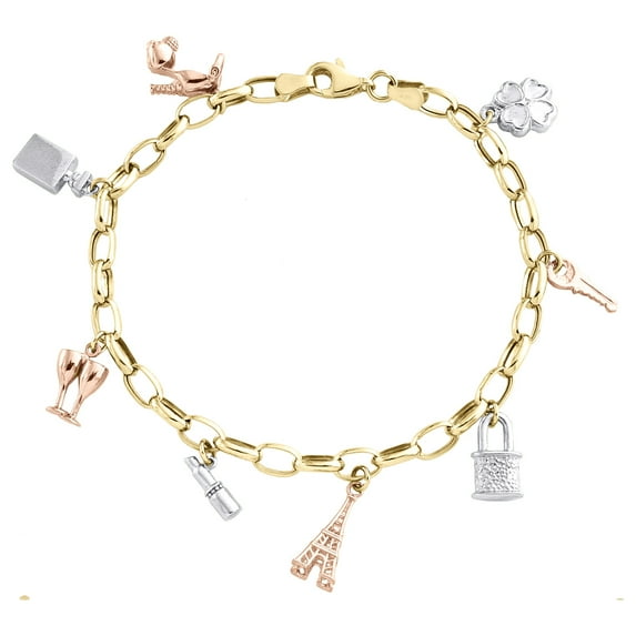 14K Tri-Color Gold Fancy Rolo Link Multi Charm 4.50mm Statement Bracelet 7.50"