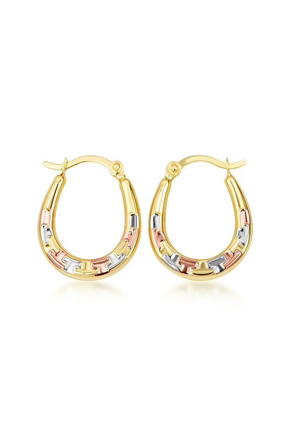 14K Tri Color Gold Greek Key Hoop Earrings