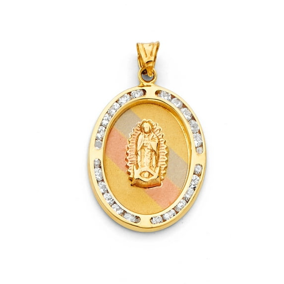 14K Tri-Color Gold Guadalupe CZ Charm Pendant (28mm x 18mm)