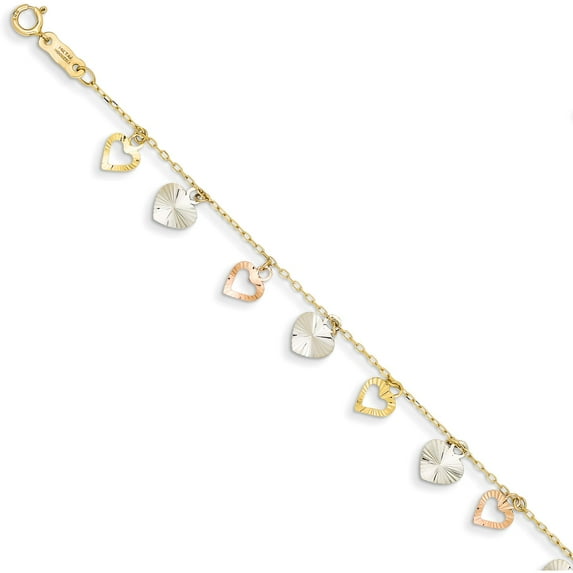 14K Tri Color Gold Heart Fancy Link Bracelet 7.25"