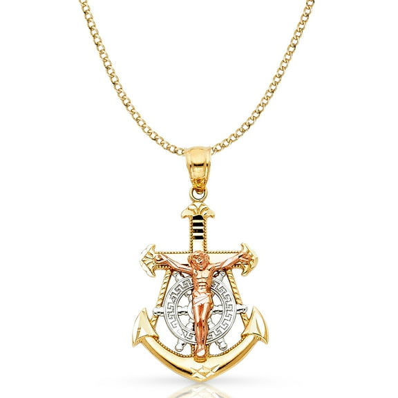 14K Tri Color Gold Jesus Crucifix Anchor Pendant with 2.4mm Hollow Cuban Chain Chain Necklace - 16"