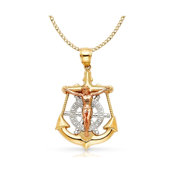 14K Tri Color Gold Jesus Crucifix Anchor Pendant with 3.3mm Valentino Star Diamond Cut Chain Chain Necklace - 22"