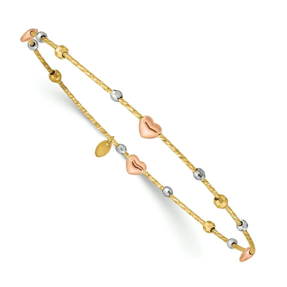 14K Tri Color Gold Plated Heart Diamond-Cut Slip-On Bangle Bracelet