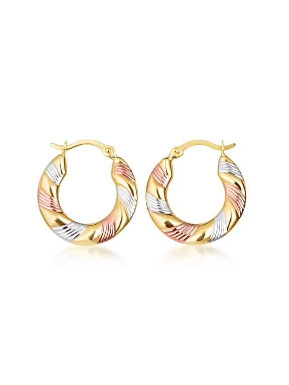14K Tri Color Gold Polished Striped Hoop Earrings