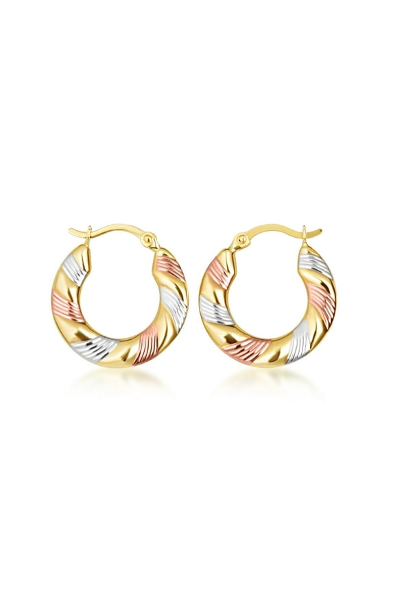 14K Tri Color Gold Polished Striped Hoop Earrings