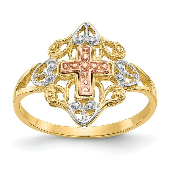 14K Tri-Color Gold Ring Band Themed Yellow & Rose with Rhodium Cross, Size 6