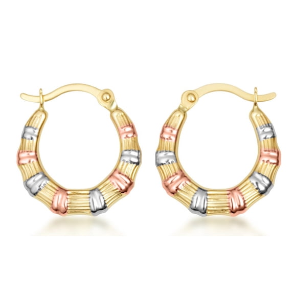 14K Tri Color Gold Striped Hoop Earrings